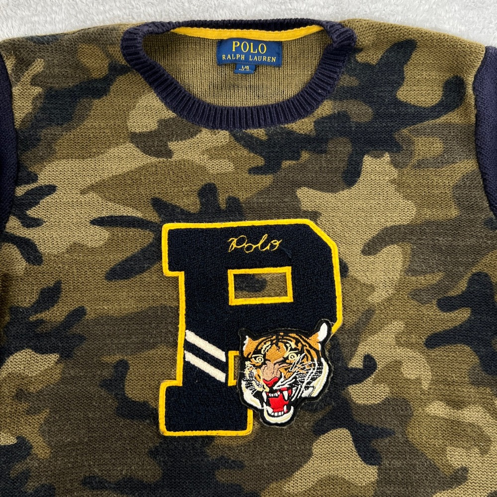 Polo Ralph Lauren Camo Tiger Varsity Sweater Boys L 14-16 Green Crewneck Knit - Picture 2 of 10